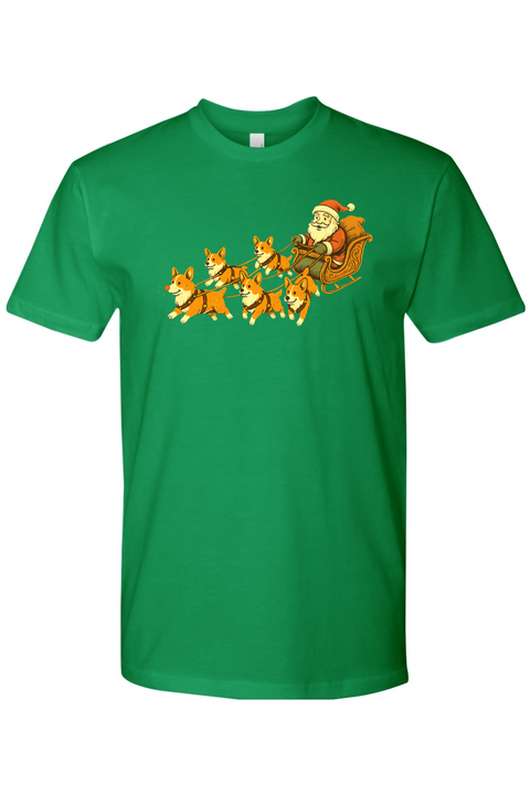 Green Christmas t-shirt with Santa on a sleigh with corgi dogs pulling it cute funny holiday short sleeve shirt