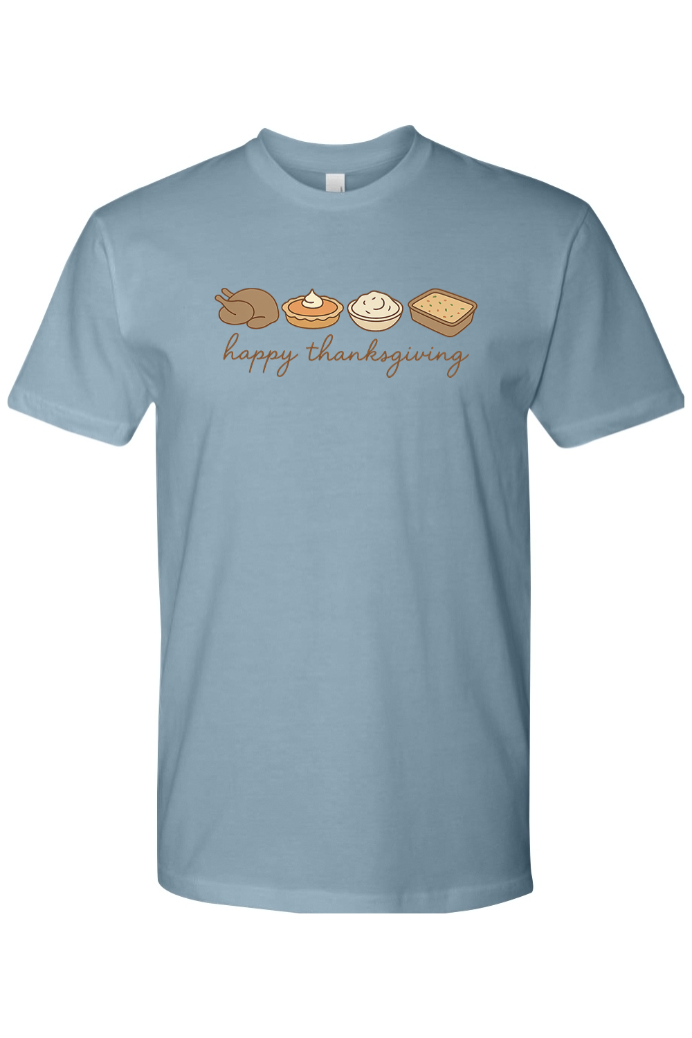 Blue Thanksgiving t-shirt with "happy thanksgiving" text and turkey, pumpkin pie, mashed potatoes, stuffing design cute trendy fall holiday short sleeve shirt