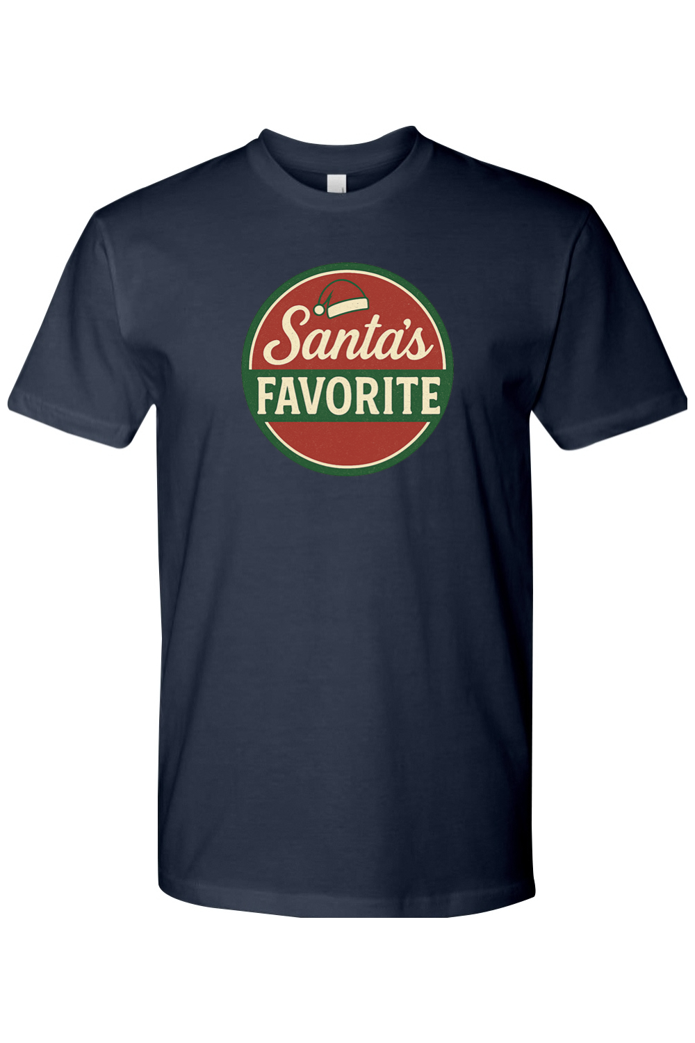 Navy blue Christmas t-shirt with "Santa's Favorite" text with a Santa hat in a badge layout design funny festive holiday short sleeve shirt