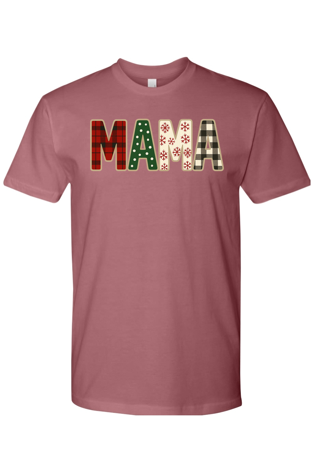 Mauve dark pink Christmas t-shirt with "MAMA" text with plaid, polka dots, and snowflakes pattern inside lettering cute trendy mom holiday short sleeve shirt
