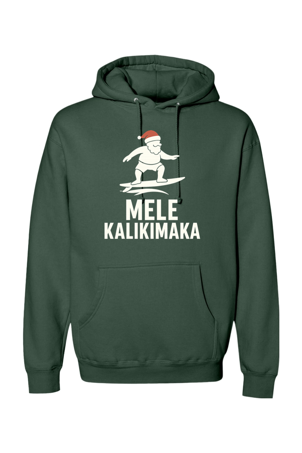 Pine green Christmas hoodie with Santa surfing and "Mele Kalikimaka" text funny Hawaiian Christmas surf holiday long sleeve hooded sweatshirt