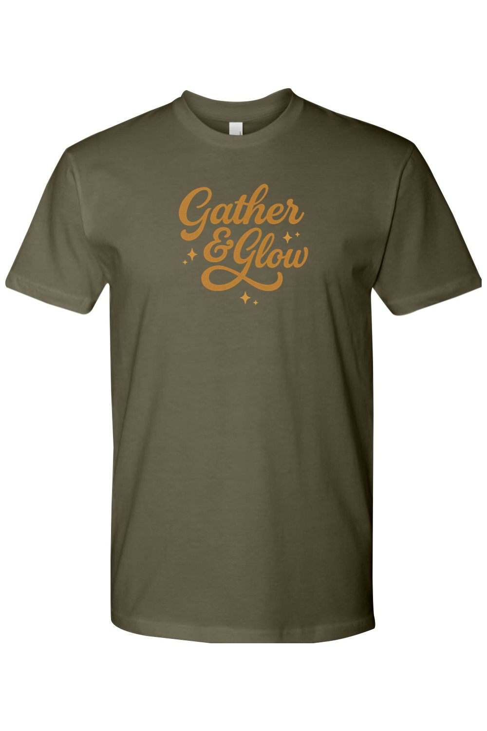 Olive green Thanksgiving t-shirt with "Gather & Glow" text in a cursive font cute trendy fall holiday short sleeve shirt