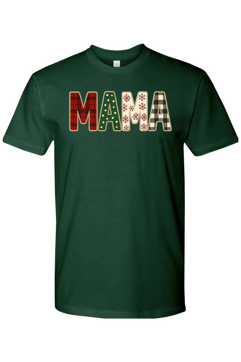 Dark green Christmas t-shirt with "MAMA" text with plaid, polka dots, and snowflakes pattern inside lettering cute trendy mom holiday short sleeve shirt