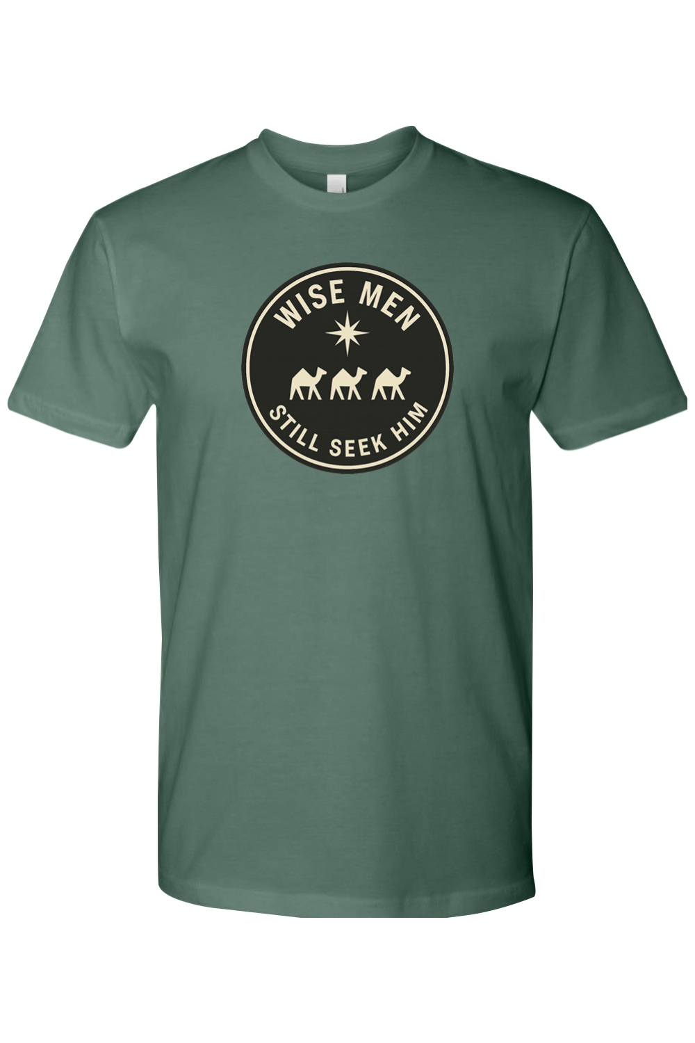 Pine green religious Christmas t-shirt with "Wise Men Still Seek Him" with three camels and a star design Jesus God Christian holiday short sleeve shirt