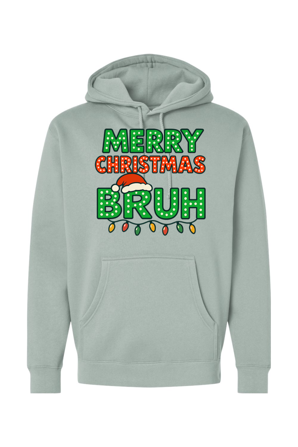 Light green Christmas hoodie with "Merry Christmas Bruh" text with a Santa hat and Christmas lights design funny holiday humor long sleeve hooded sweatshirt