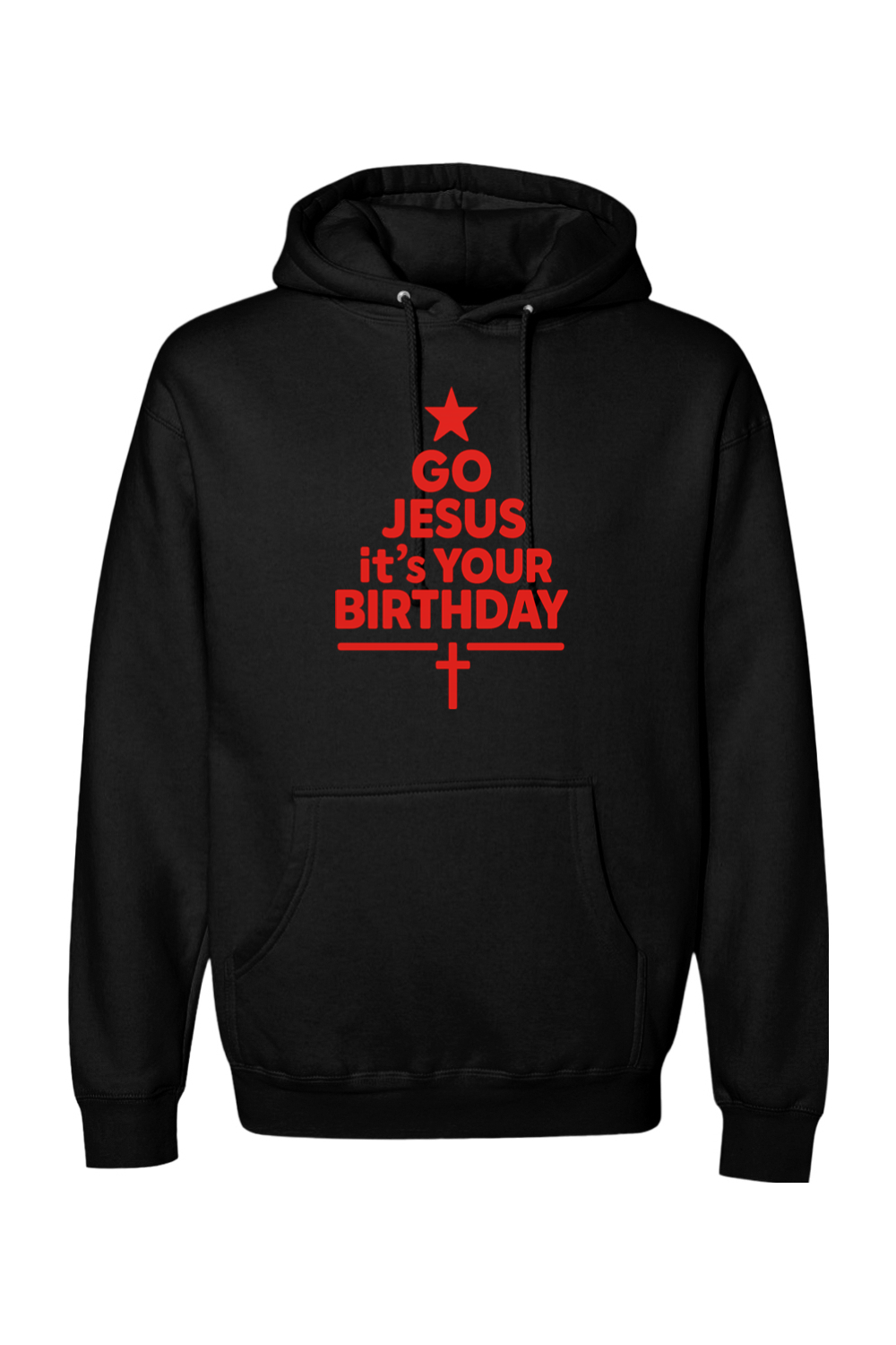 Black Christmas hoodie with "Go Jesus It's Your Birthday" text in red with a star and cross all made into a Christmas tree design religious Christian God funny holiday long sleeve hooded sweatshirt