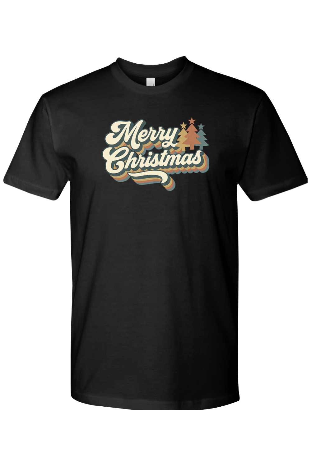 Black Christmas t-shirt with "Merry Christmas" text in retro bubble font and Christmas trees design cute trendy festive holiday short sleeve shirt