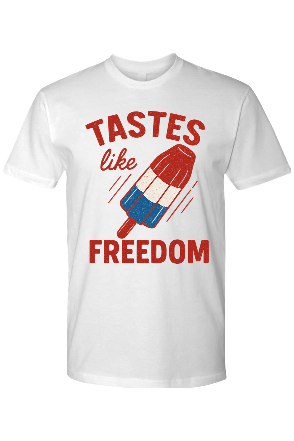 White t-shirt with a graphic of a Popsicle Firecracker Ice Pop and text 'Tastes like freedom'.
