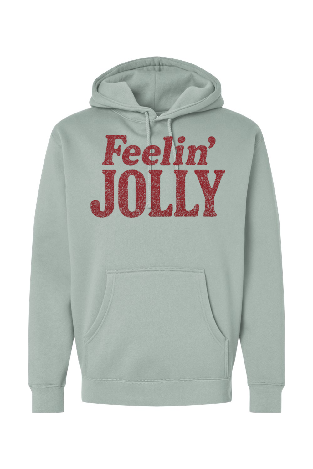 Light green Christmas hoodie with "Feelin' Jolly" text in dark red funny holiday humor long sleeve hooded sweatshirt