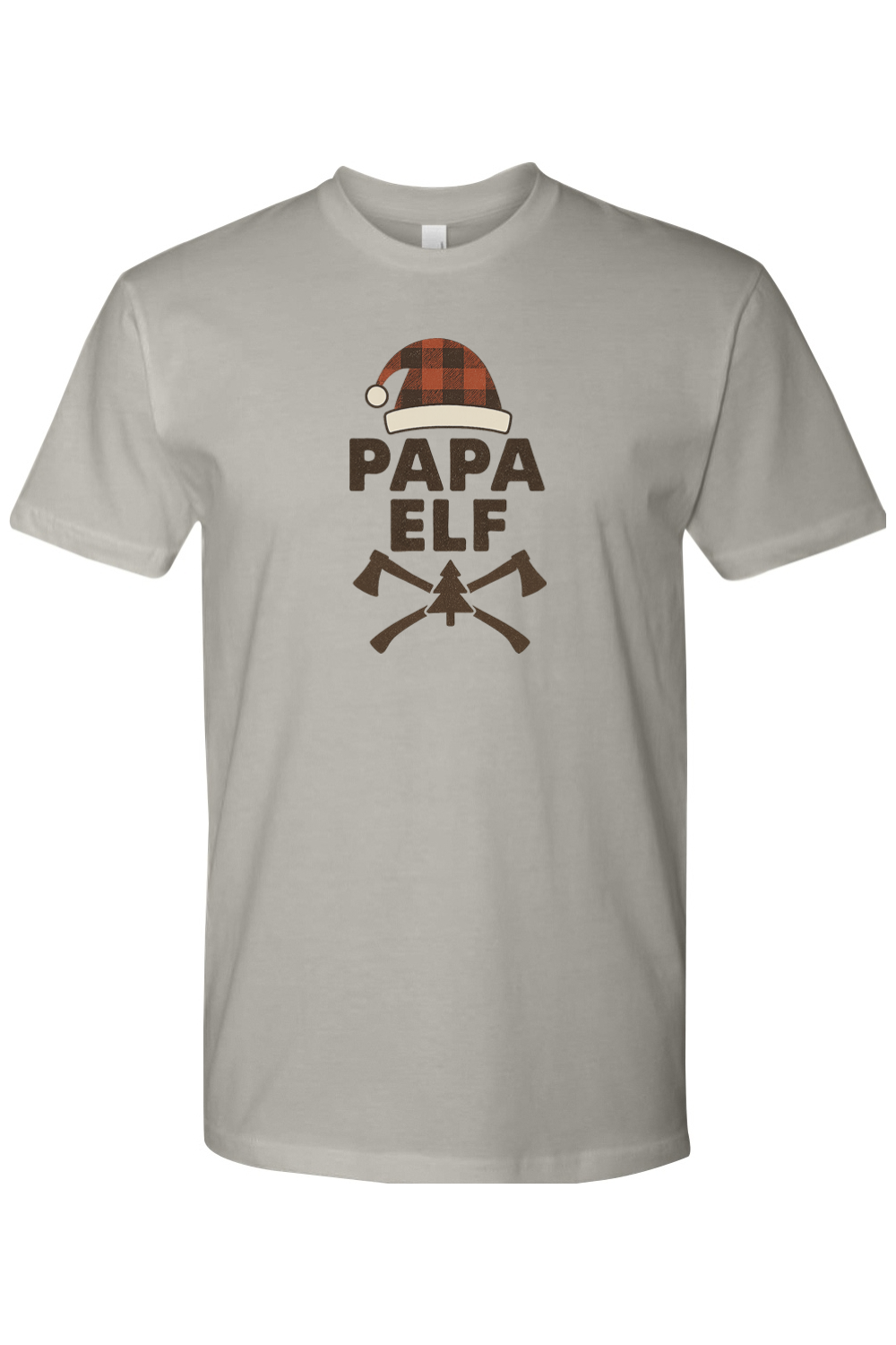 Gray Christmas t-shirt with "Papa Elf" text with a plaid elf hat and pine tree and axe design festive men's holiday short sleeve shirt