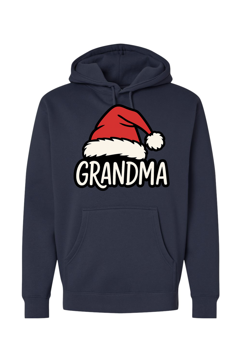 Navy blue Christmas hoodie with "Grandma" text under a Santa hat cute grandparent grandmother long sleeve hooded sweatshirt
