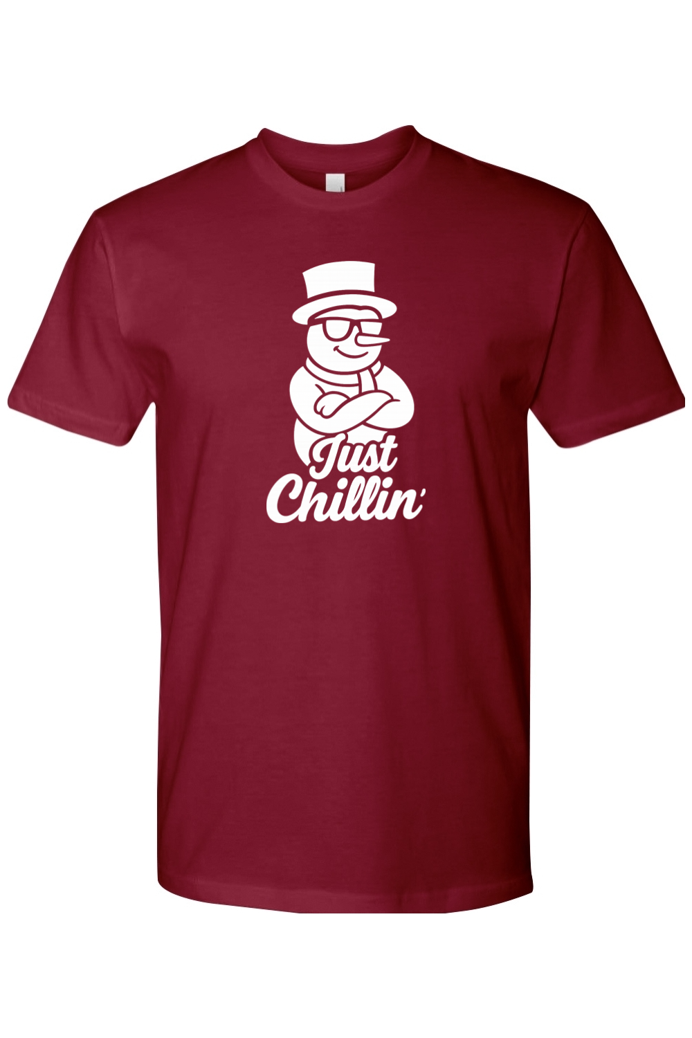 Maroon Christmas t-shirt with "Just Chillin'" text in white with a snowman wearing sunglasses and arms crossed design funny holiday humor short sleeve shirt
