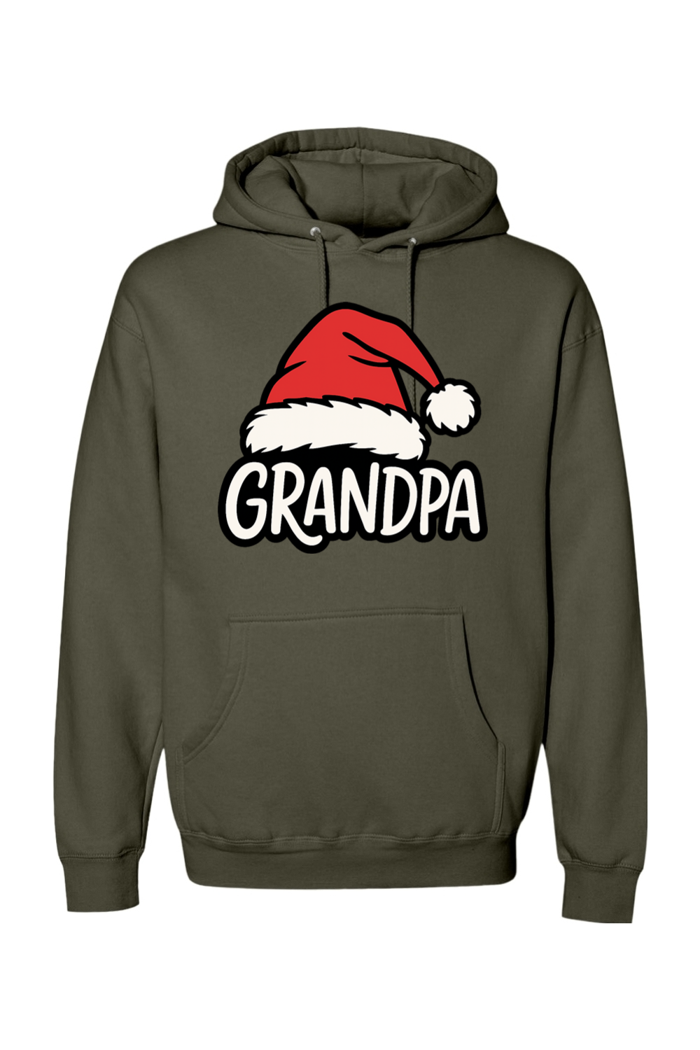 Olive green Christmas hoodie with "Grandpa" text under a Santa hat cute grandparent grandfather long sleeve hooded sweatshirt