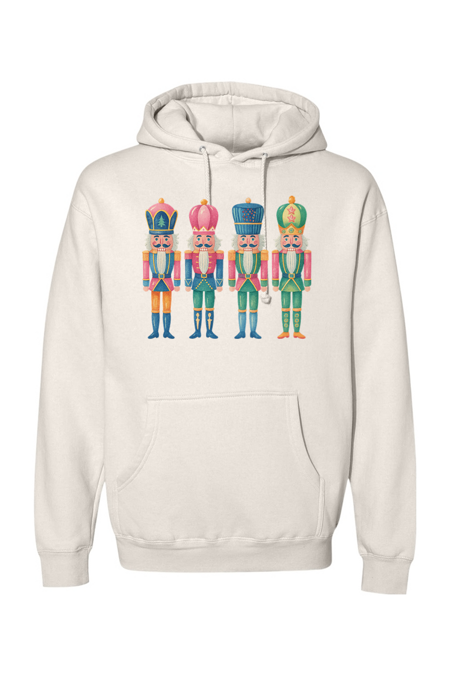 Beige Christmas hoodie with 4 colorful nutcrackers design cute girly festive holiday long sleeve hooded sweatshirt