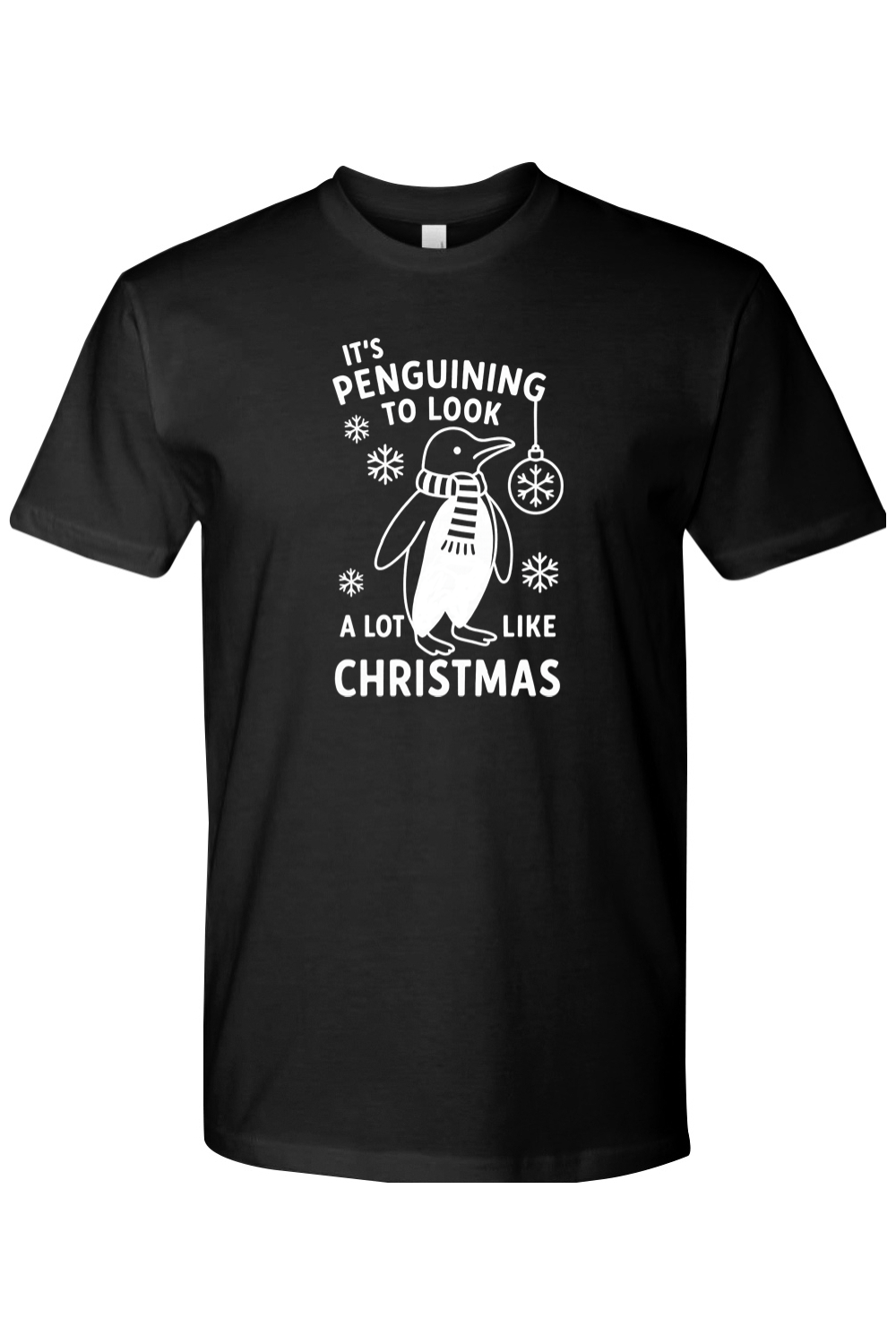 Black penguin snowflake ornament Christmas design t-shirt with text It's Penguining to Look A Lot Like Christmas funny cute holiday short sleeve shirt