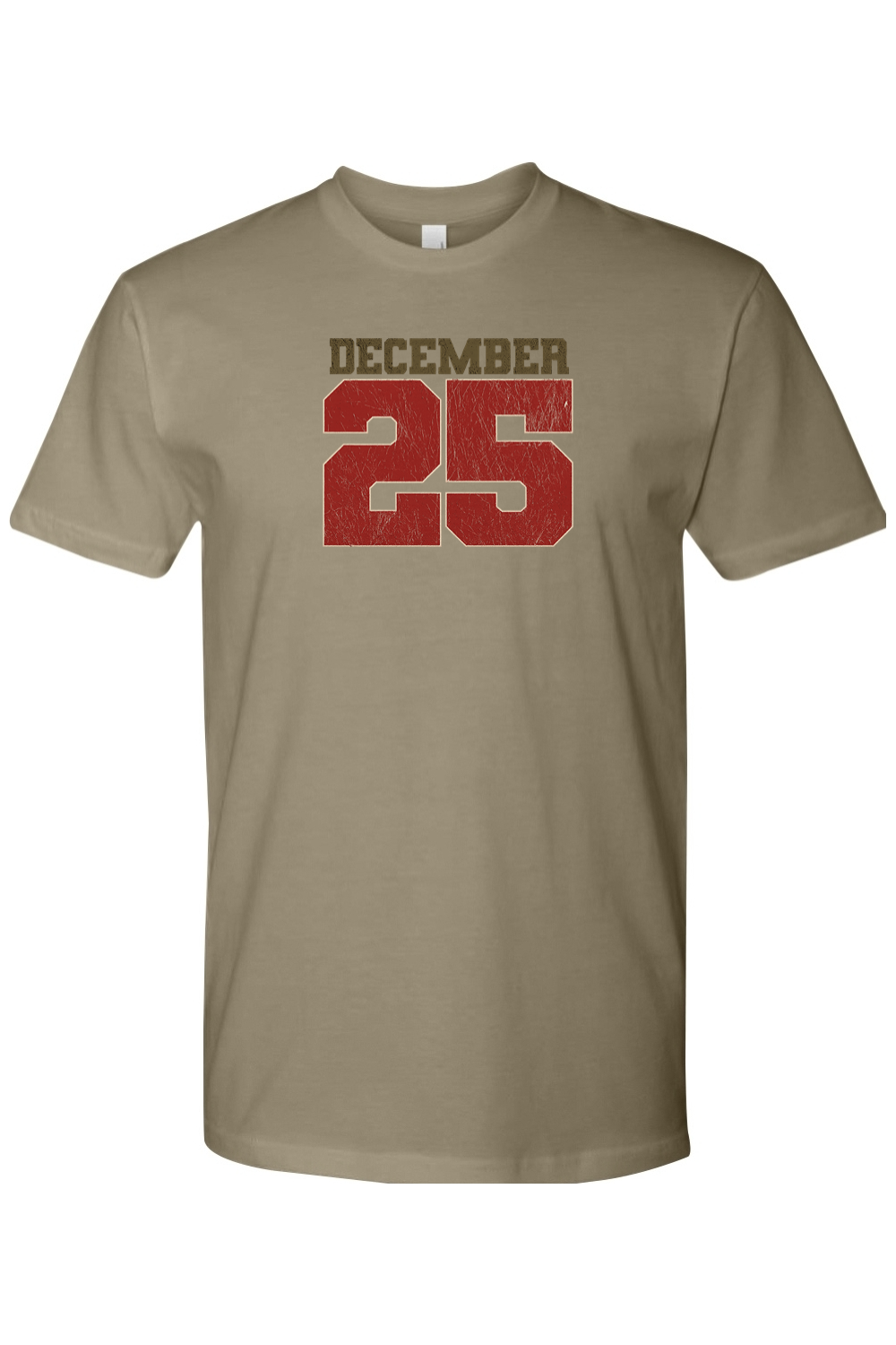 Olive green Christmas t-shirt with "December 25" text cool trendy festive holiday short sleeve shirt
