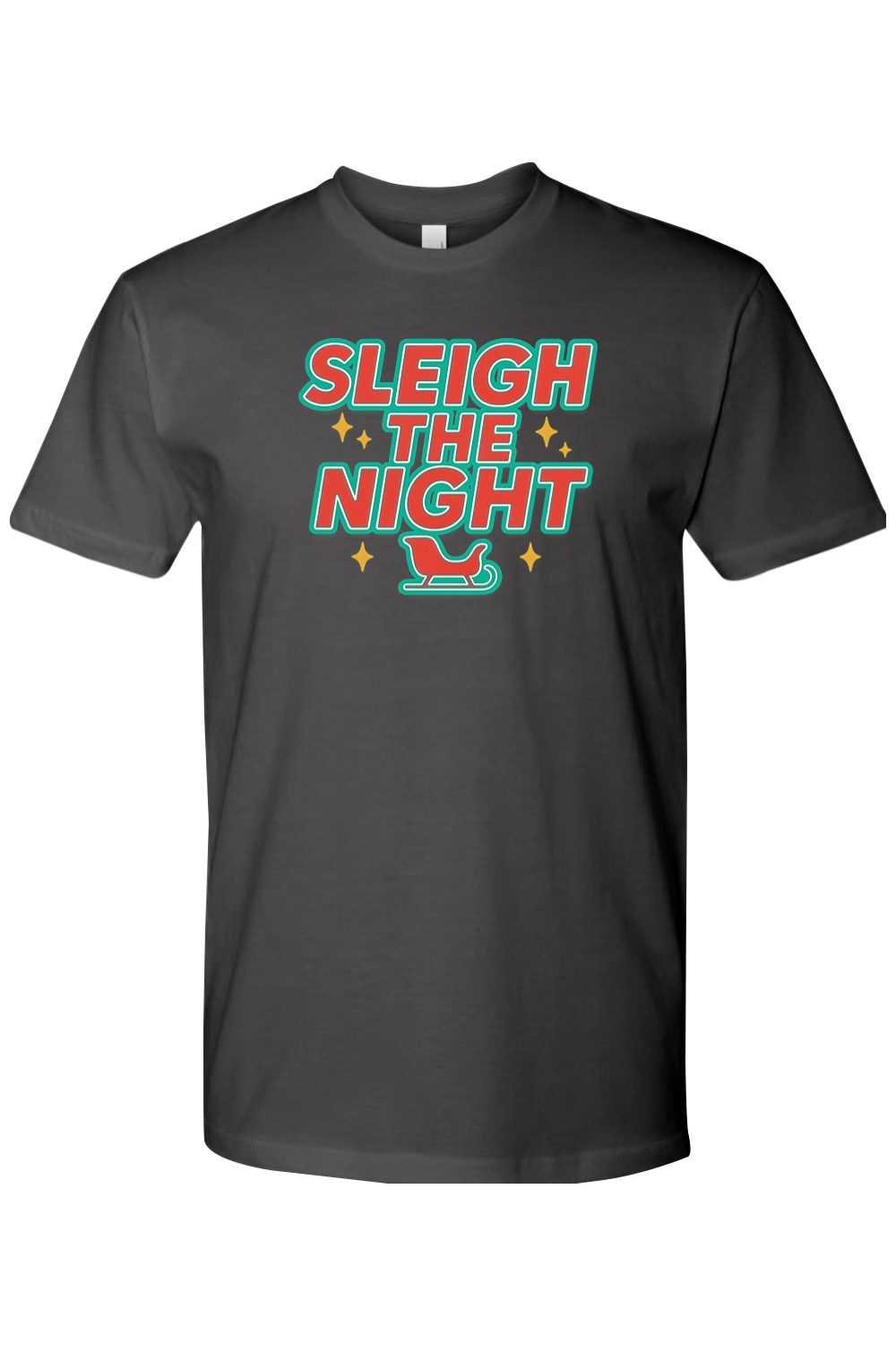 Dark gray vintage Christmas t-shirt with "Sleigh the Night" text with stars and sleigh design retro trendy holiday short sleeve shirt