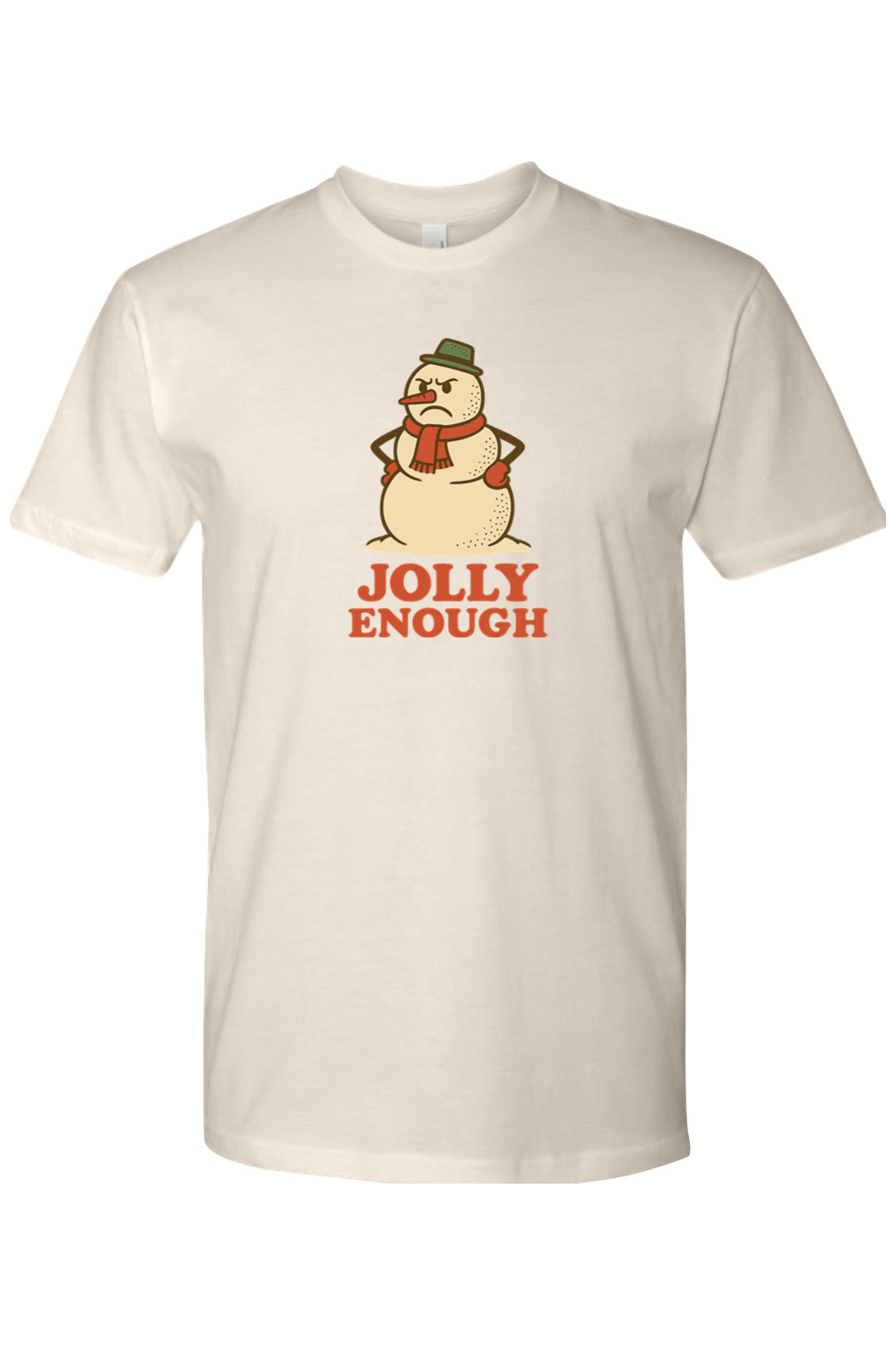 Beige vintage Christmas t-shirt with "Jolly Enough" text with a grumpy snowman design funny sarcastic holiday humor short sleeve shirt