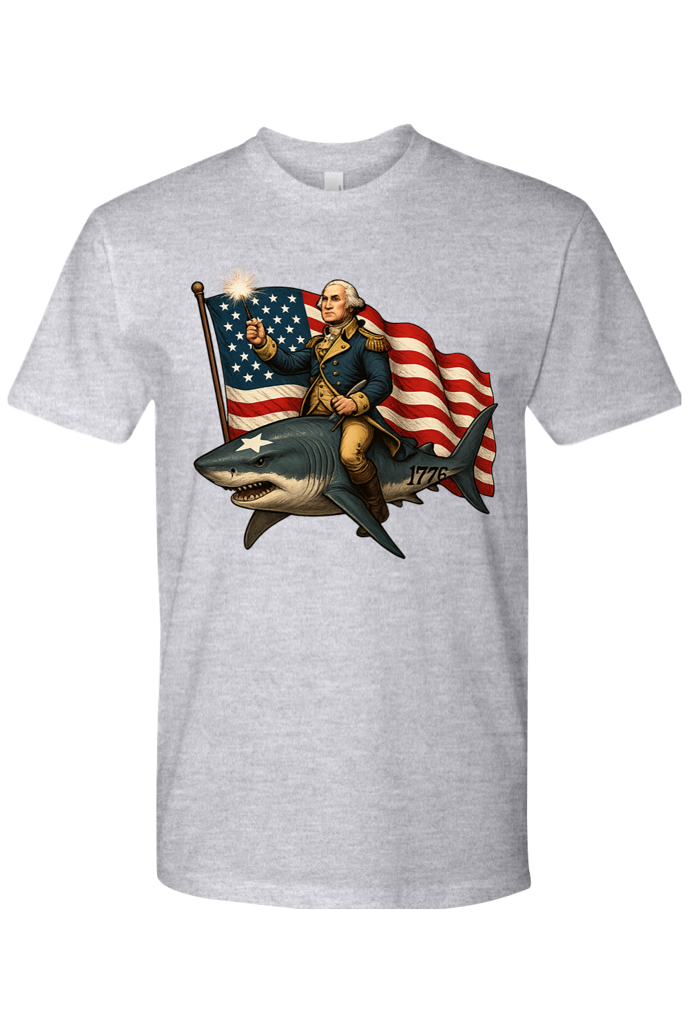 Gray t-shirt with a graphic of George Washington holding an American flag while riding a shark.