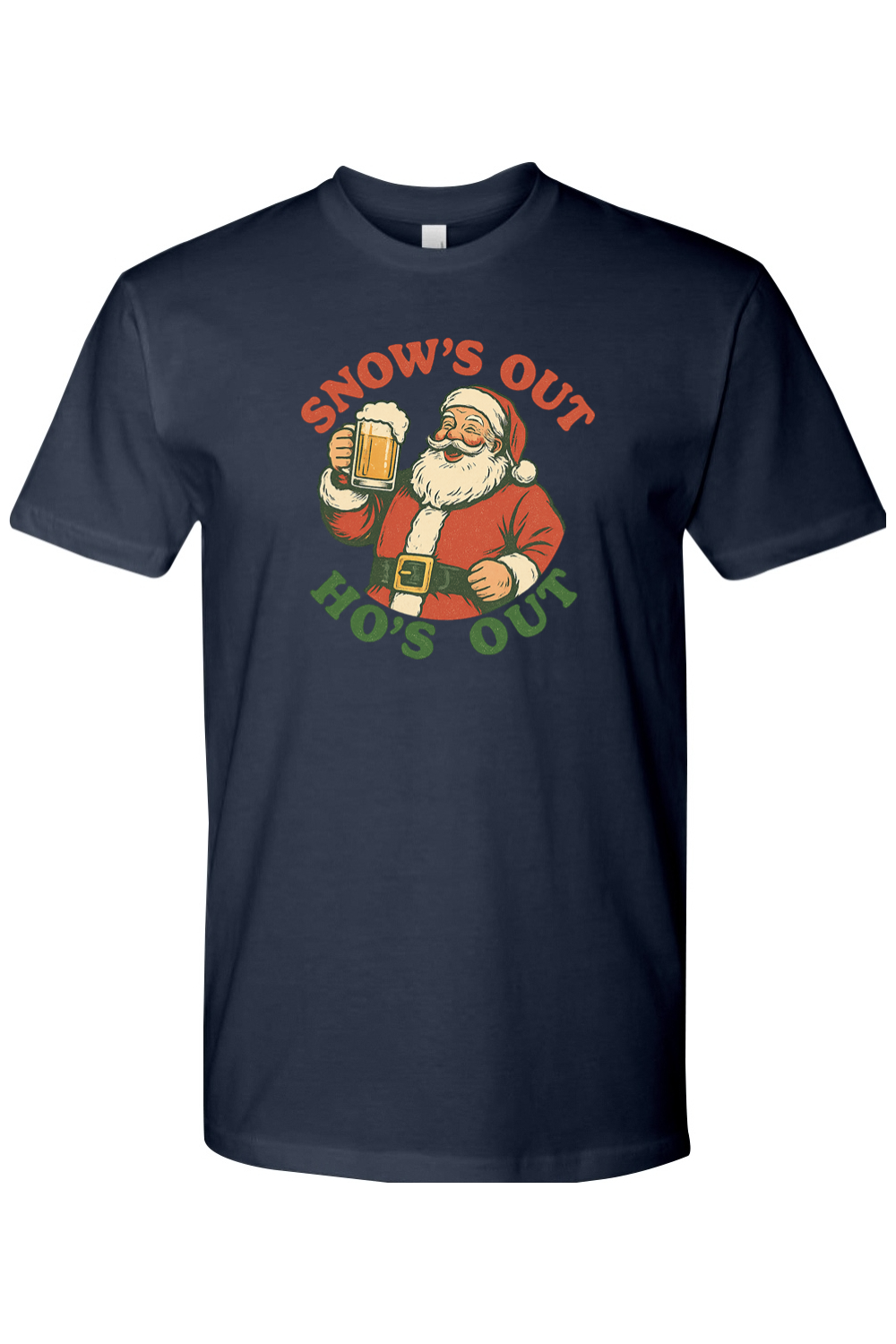 Navy blue Christmas t-shirt with "Snow's Out Ho's Out" text with Santa holding a beer mug design funny holiday humor short sleeve shirt
