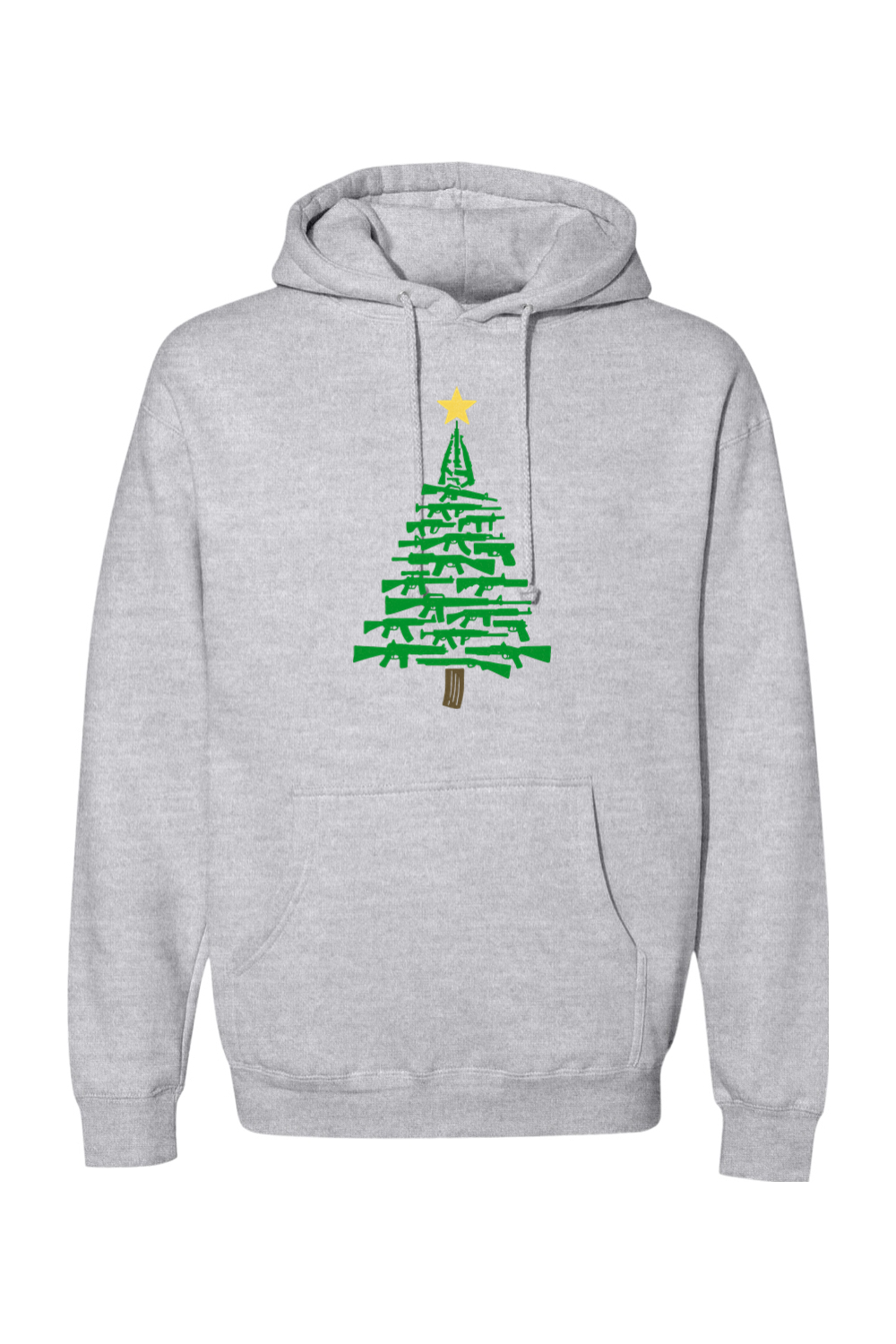 Heather gray Christmas hoodie with a Christmas tree design made out of rifles cool tactical men's holiday long sleeve hooded sweatshirt
