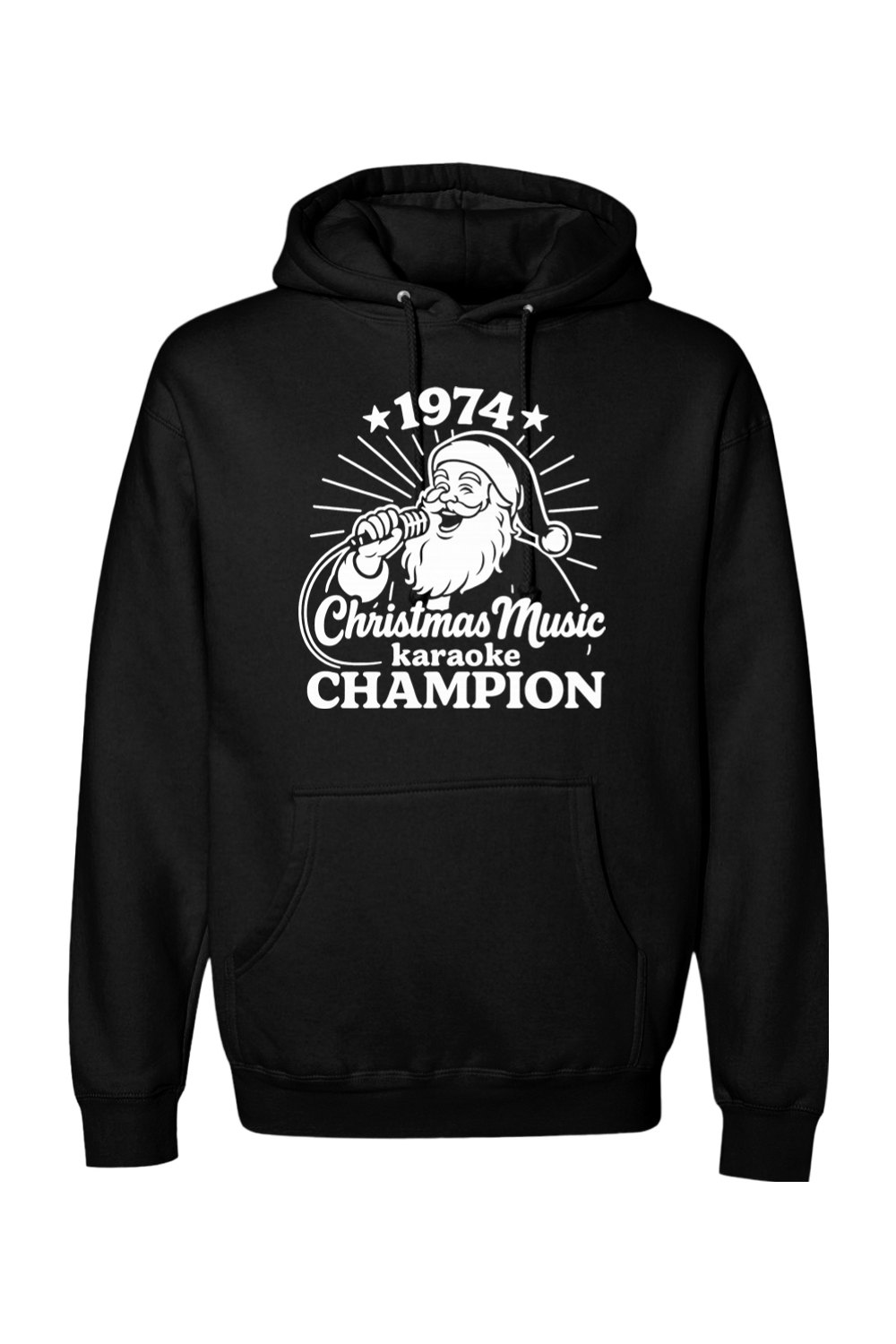 Black Christmas hoodie with "1974 Christmas Music Karaoke Champion" text in white with Santa singing design funny holiday humor long sleeve hooded sweatshirt