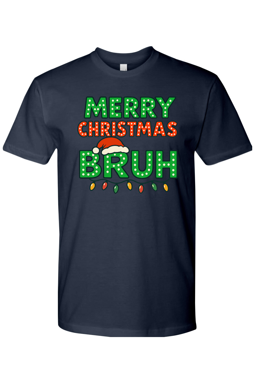 Navy blue Christmas t-shirt with "Merry Christmas Bruh" text with a Santa hat and Christmas lights design funny holiday humor short sleeve shirt