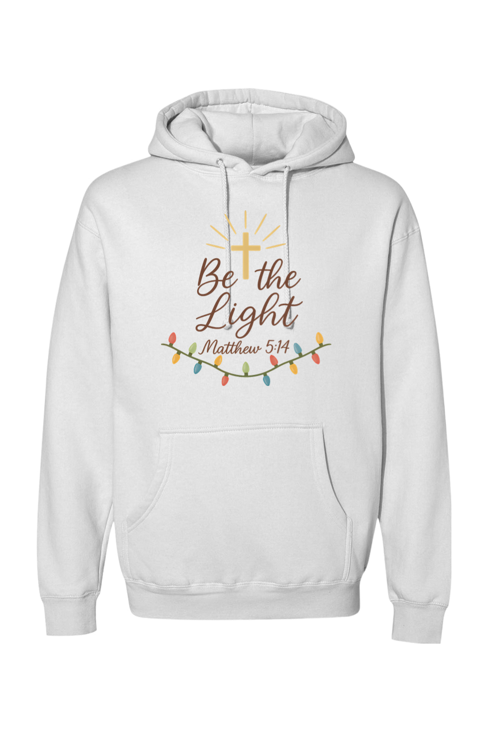 White Christmas hoodie with "Be the Light Matthew 5:14" text and a cross Christmas lights design cute trendy religious God Jesus Christian holiday long sleeve hooded sweatshirt