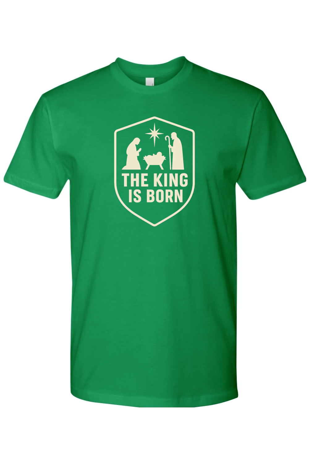 Green religious Christmas t-shirt with "The King is Born" text and Mary and Joseph next to Jesus in the manger and star design God Christian holiday short sleeve shirt