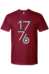 Red t-shirt with a retro '1776' design on a white background