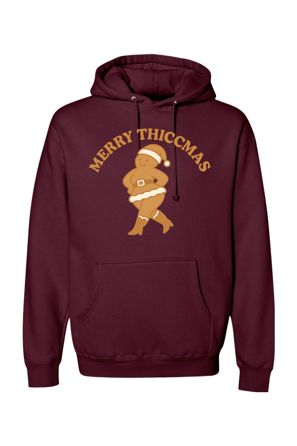 Maroon Christmas hoodie with "Merry Thiccmas" text and a curvy gingerbread woman design funny humor edgy holiday festive long sleeve hooded sweatshirt