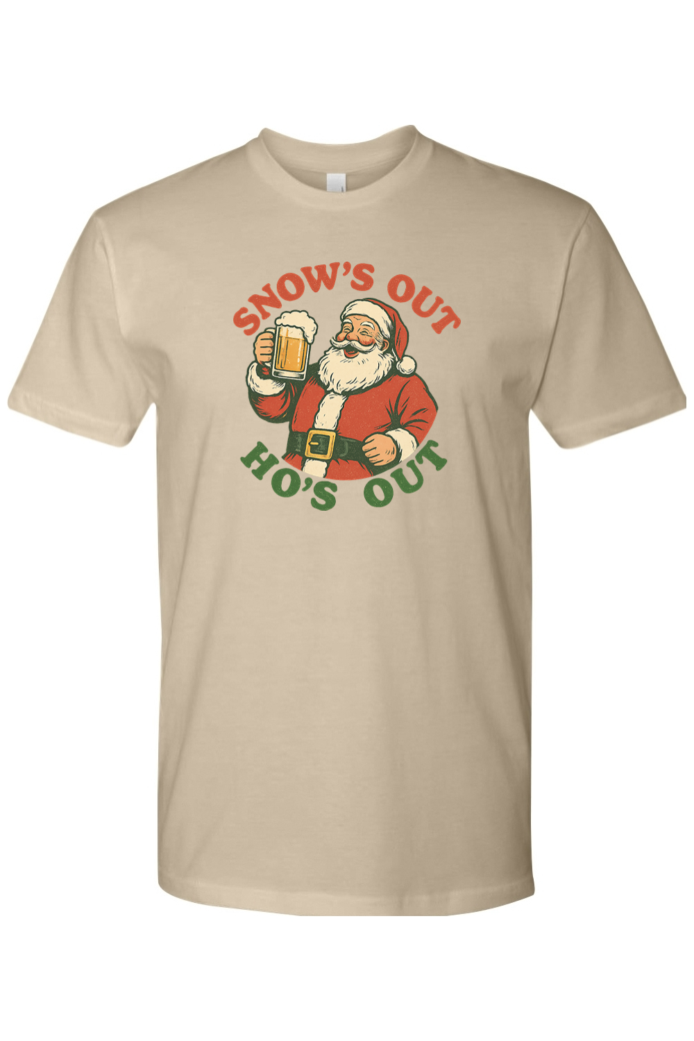 Dark beige Christmas t-shirt with "Snow's Out Ho's Out" text with Santa holding a beer mug design funny holiday humor short sleeve shirt