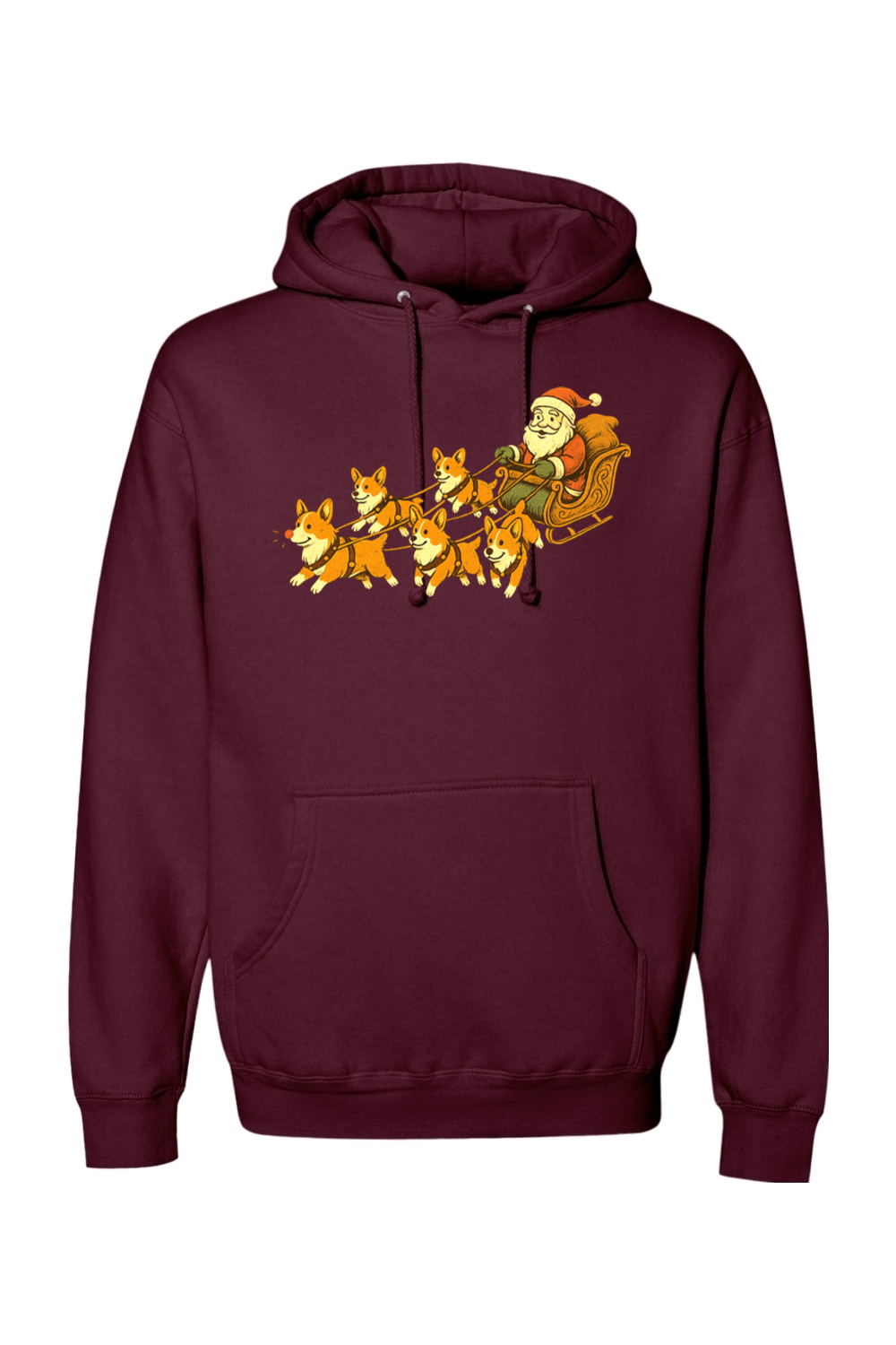 Maroon Christmas hoodie with Santa on a sleigh with corgi dogs pulling it cute funny holiday long sleeve hooded sweatshirt
