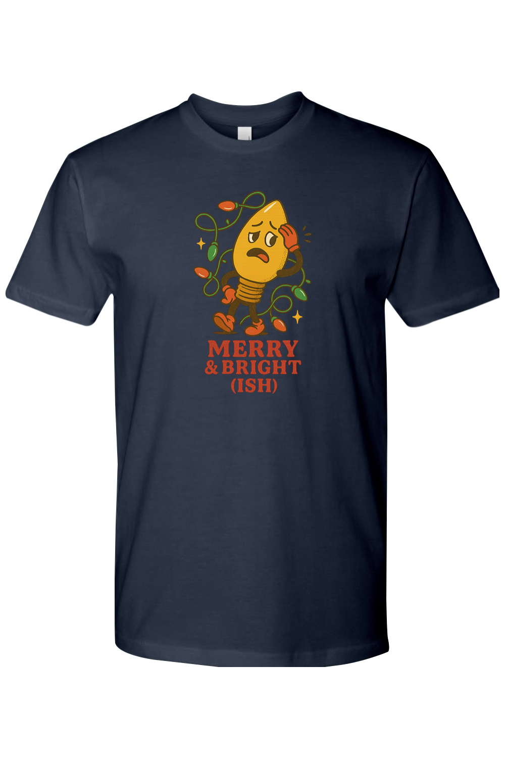 Navy blue vintage Christmas t-shirt with "Merry & Bright (Ish)" text in red with a worried Christmas tree light bulb design funny sarcastic holiday humor short sleeve shirt