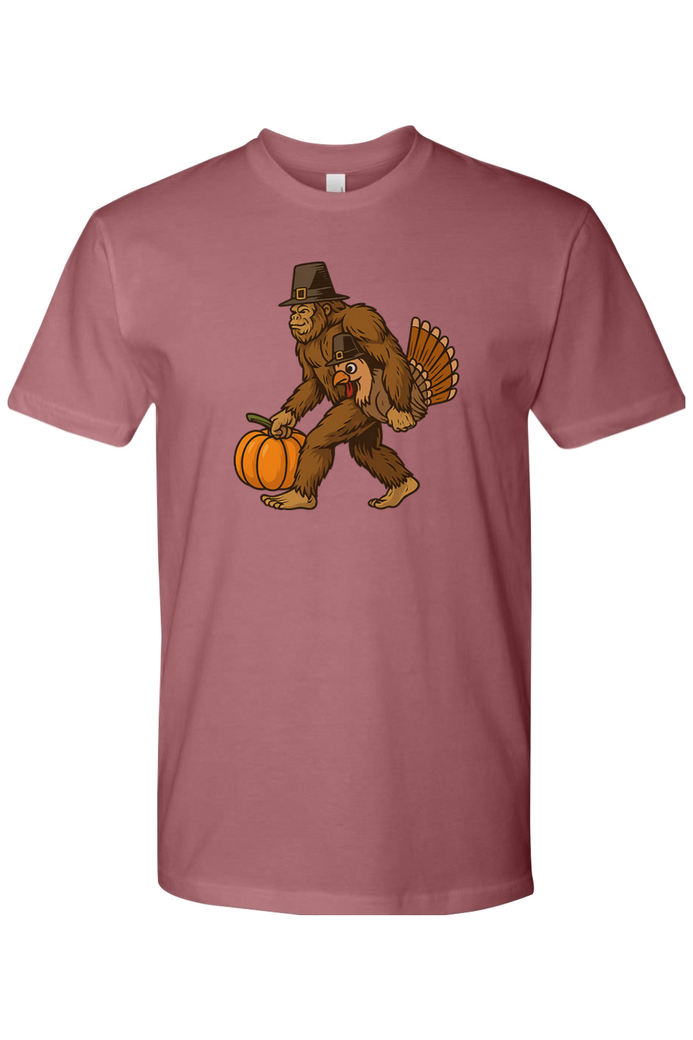 Mauve dark pink Thanksgiving t-shirt with bigfoot sasquatch holding a pumpkin and a turkey design funny humor fall holiday short sleeve shirt