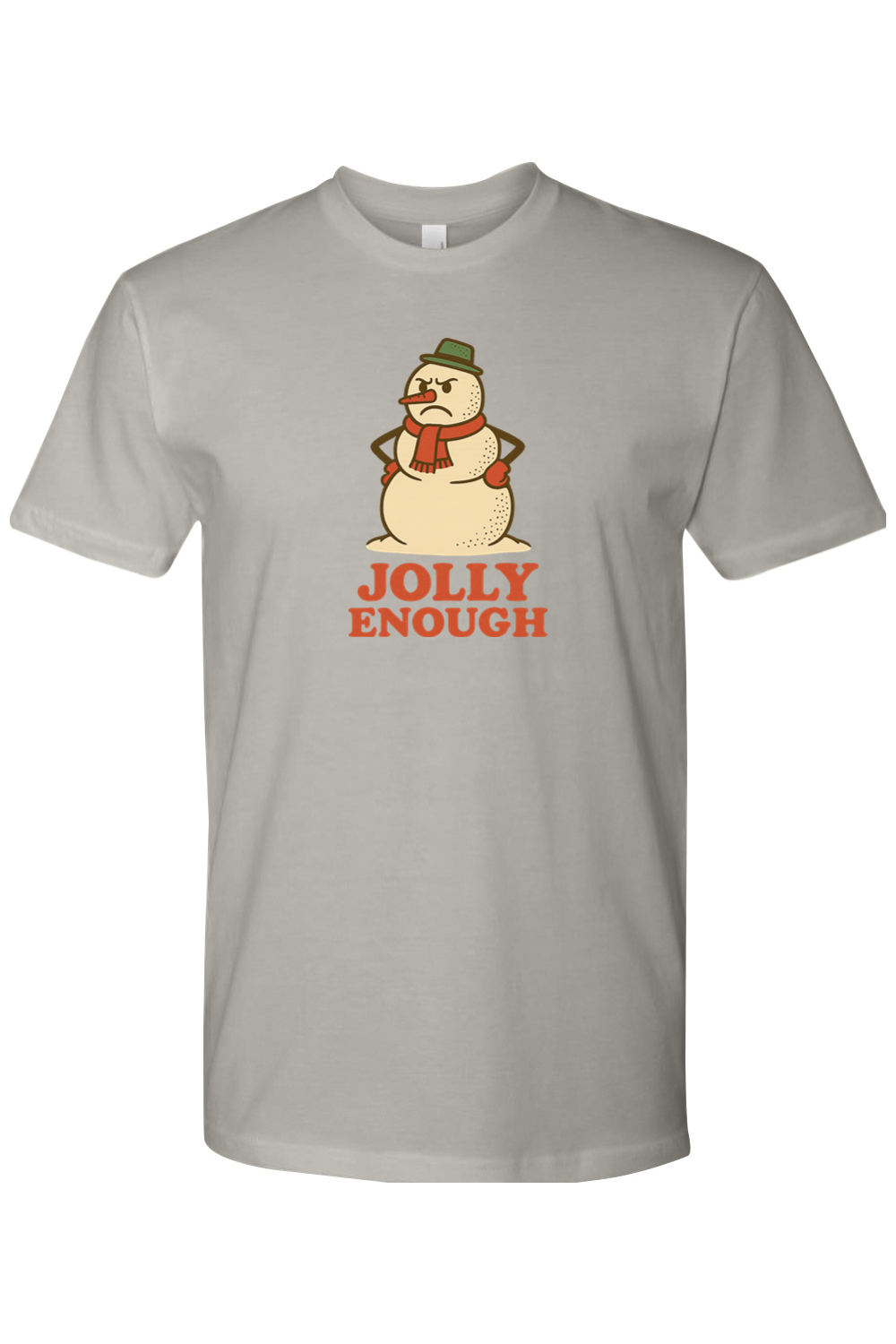 Gray vintage Christmas t-shirt with "Jolly Enough" text with a grumpy snowman design funny sarcastic holiday humor short sleeve shirt
