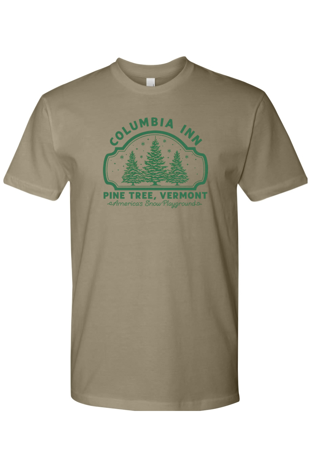 Olive green Christmas t-shirt with "Columbia Inn Pine Tree, Vermont America's Snow Playground" text in green with a pine tree snow design trendy festive holiday short sleeve shirt