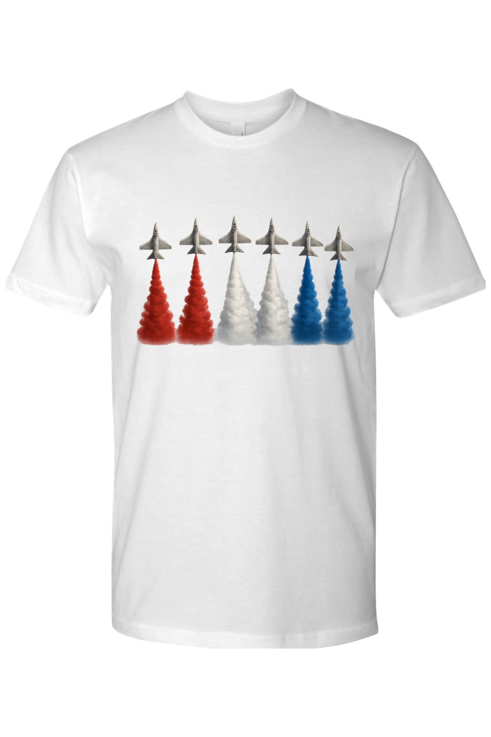 White t-shirt with Jets leaving red, white, and blue contrails.