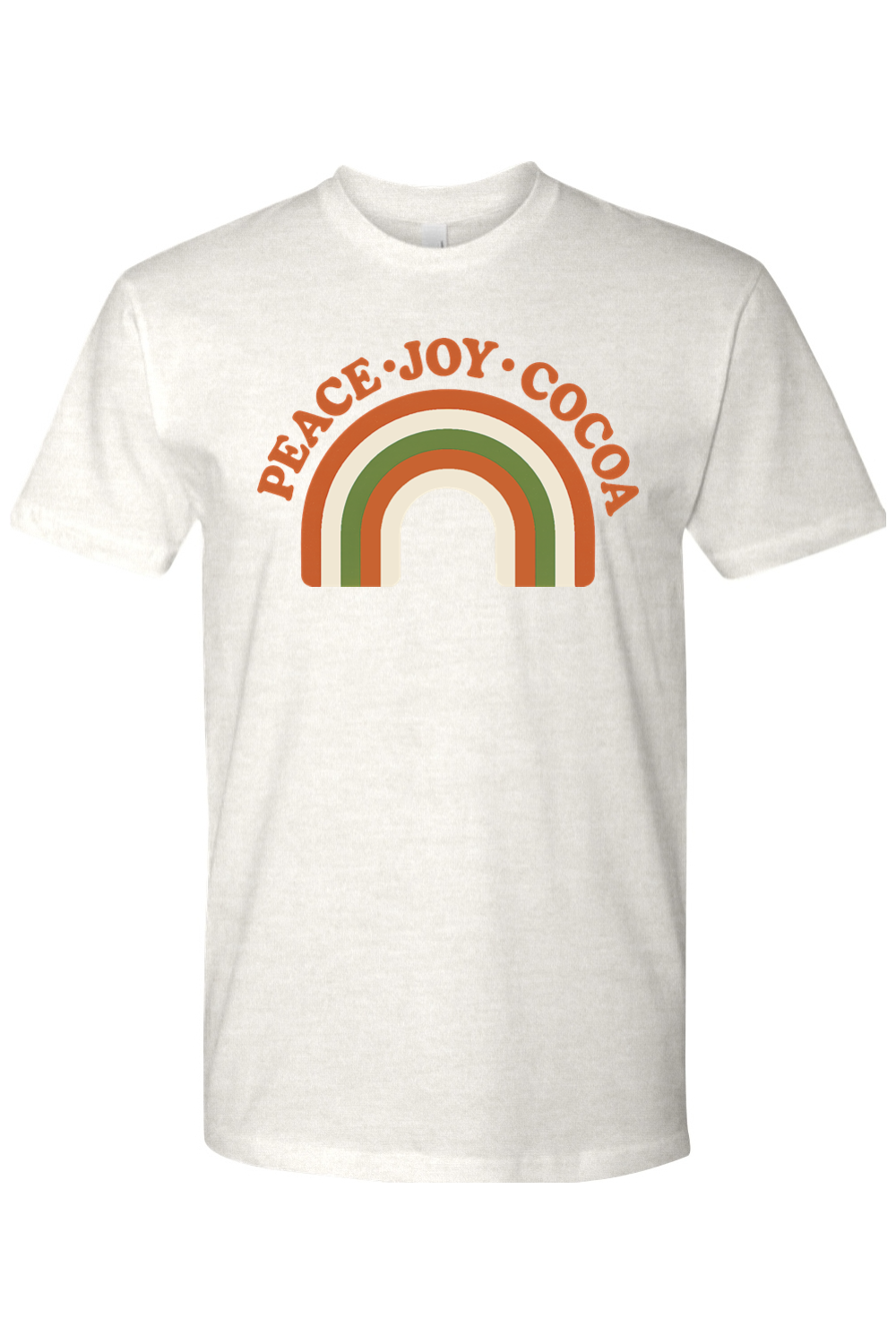 Light cream  vintage Christmas t-shirt with "Peace Joy Cocoa" text and a retro rainbow design cool trendy holiday short sleeve shirt