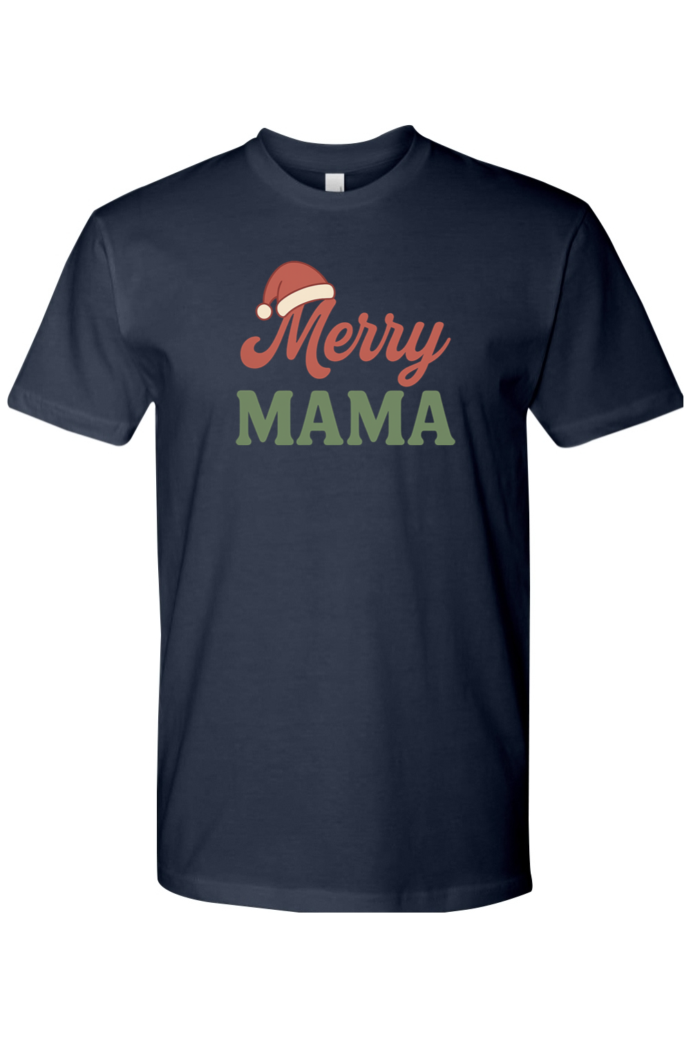 Navy blue Christmas t-shirt with "Merry Mama" text with a Santa hat over the M in Merry cute trendy mom mother holiday short sleeve shirt