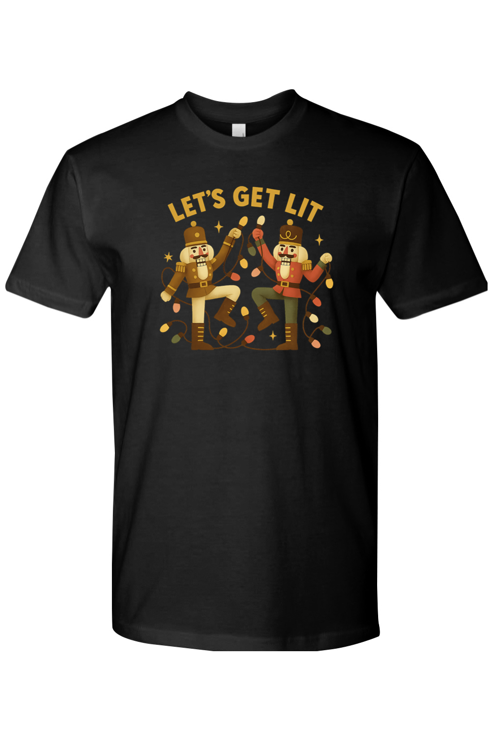 Black Christmas shirt with "Let's Get Lit" text with two nutcrackers holding up Christmas lights funny holiday humor short sleeve shirt