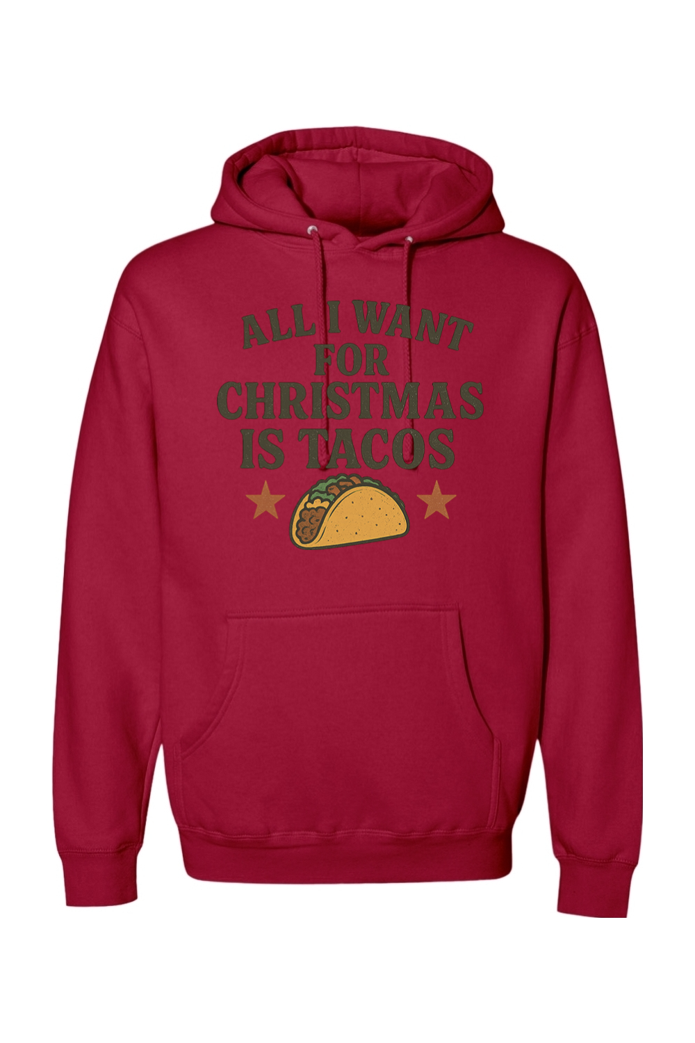 Red Christmas hoodie with "All I Want for Christmas is Tacos" text with taco and stars design funny humor festive holiday long sleeve hooded sweatshirt