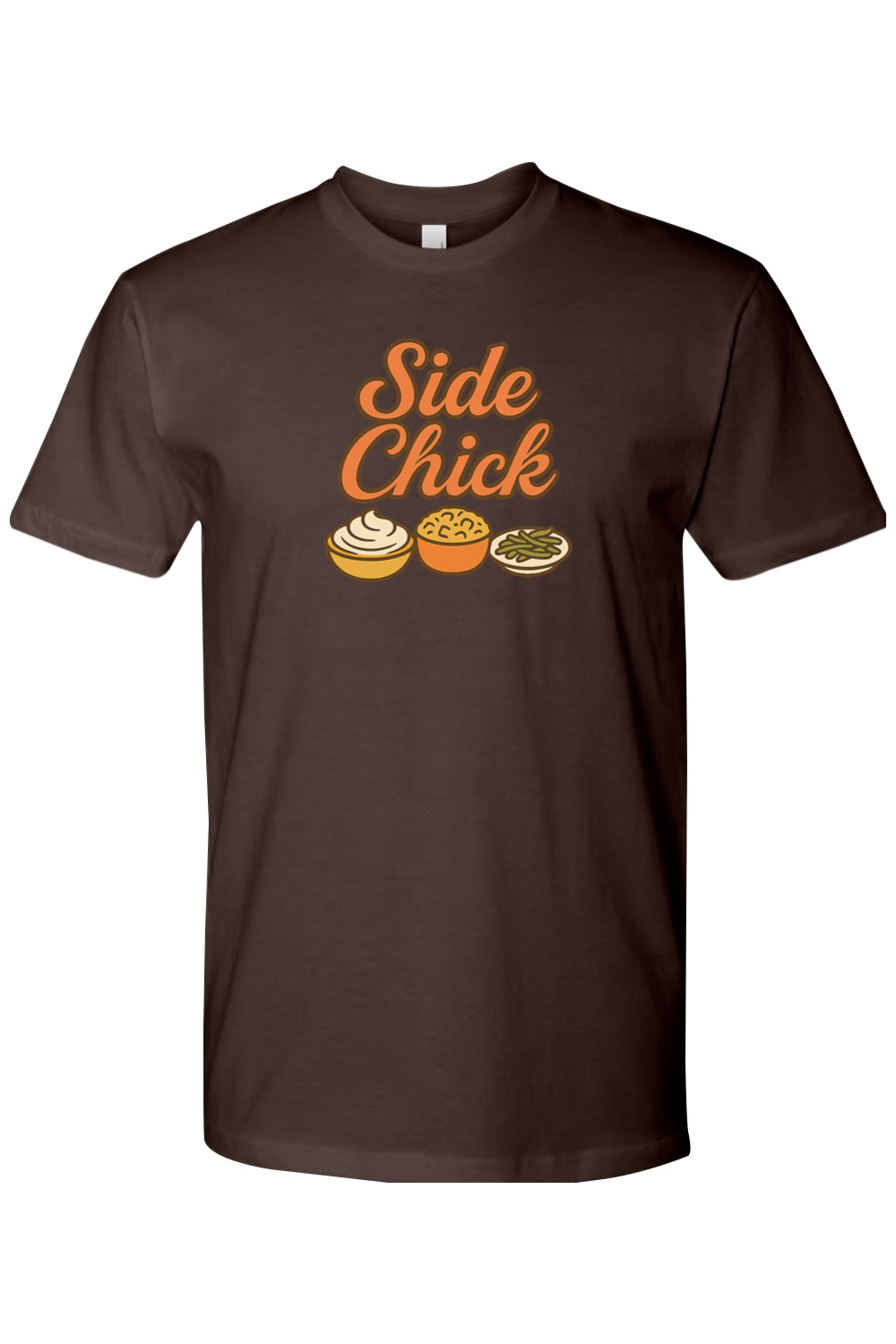 Brown Thanksgiving t-shirt with "Side Chick" text and mashed potatoes, stuffing, and green beans design funny sarcastic girly fall holiday short sleeve shirt