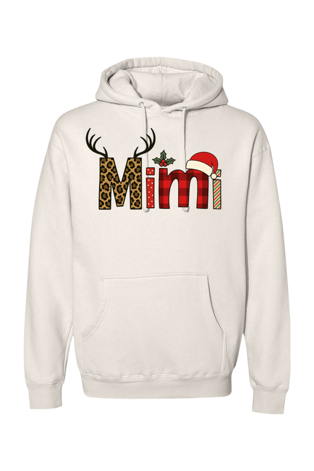 Beige Christmas hoodie with "Mimi" text antler design and the letters filled with leopard print, plaid, polka dots, and stripes cute grandma festive holiday long sleeve hooded sweatshirt