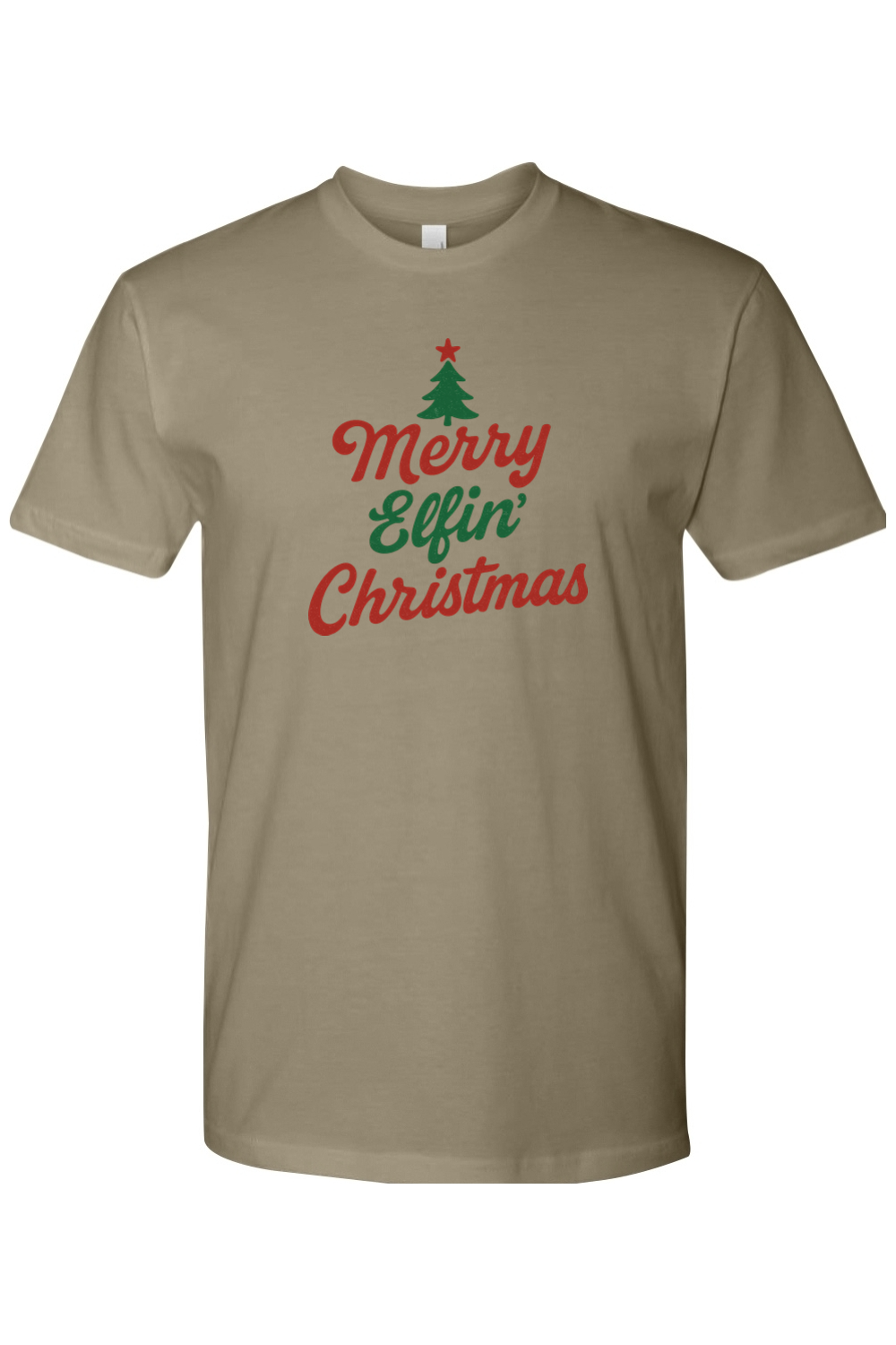 Olive green Christmas t-shirt with "Merry Elfin' Christmas" text in cursive with a Christmas tree design funny sarcastic holiday humor short sleeve shirt