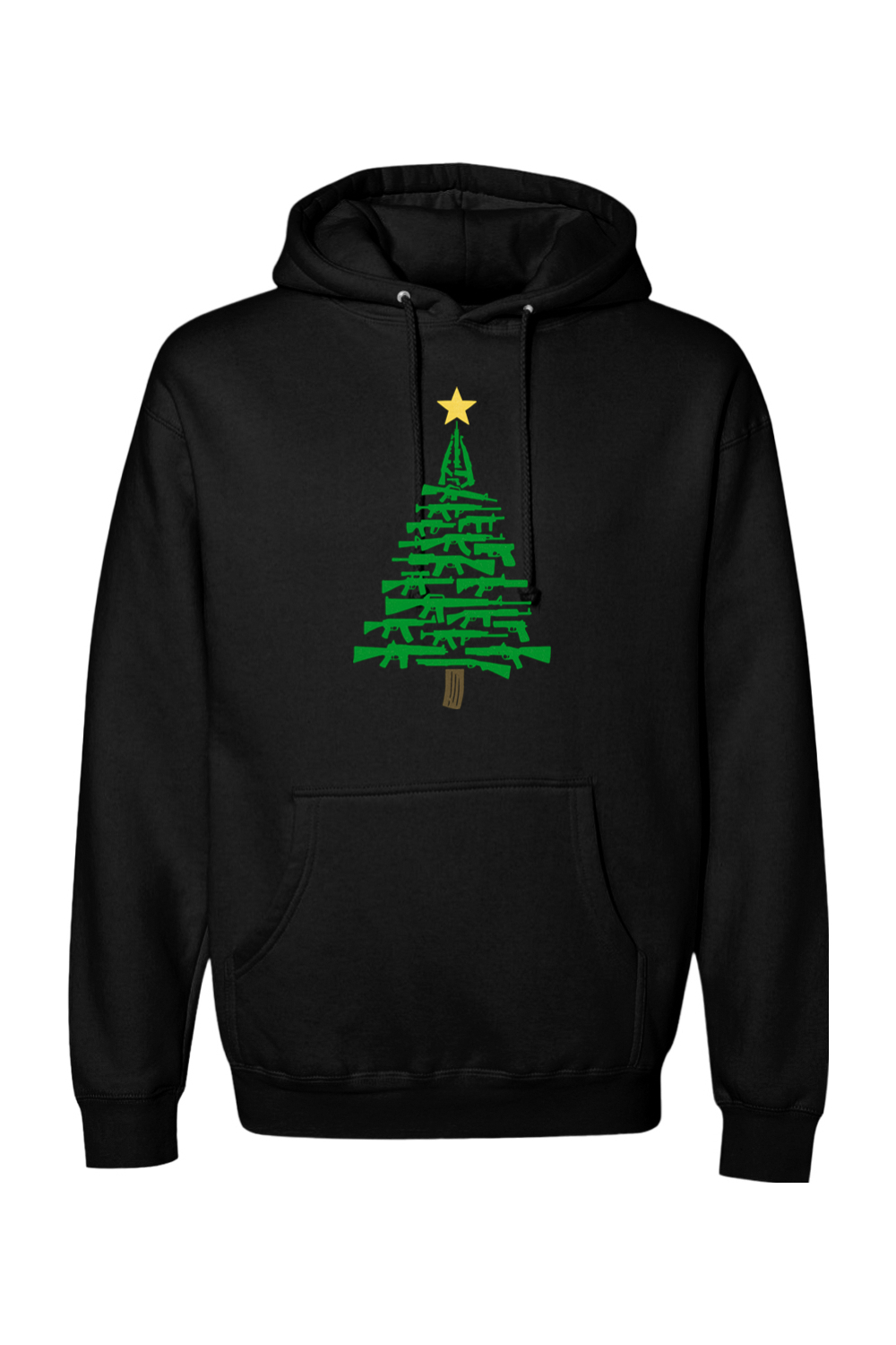 Black Christmas hoodie with a Christmas tree design made out of rifles cool tactical men's holiday long sleeve hooded sweatshirt