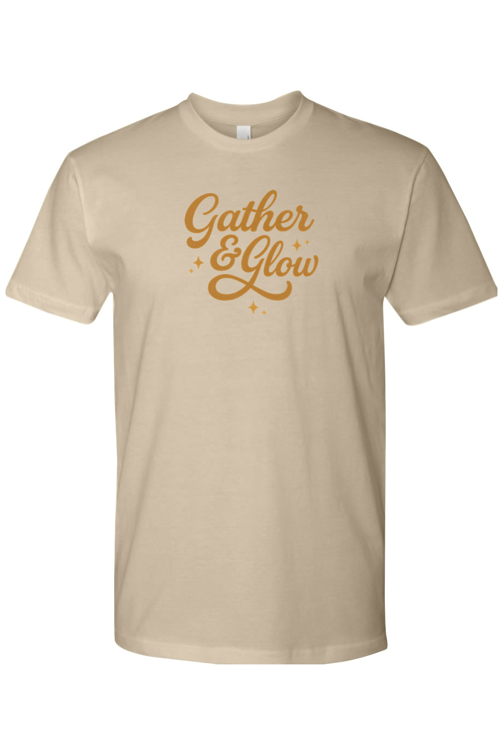Dark beige Thanksgiving t-shirt with "Gather & Glow" text in a cursive font cute trendy fall holiday short sleeve shirt