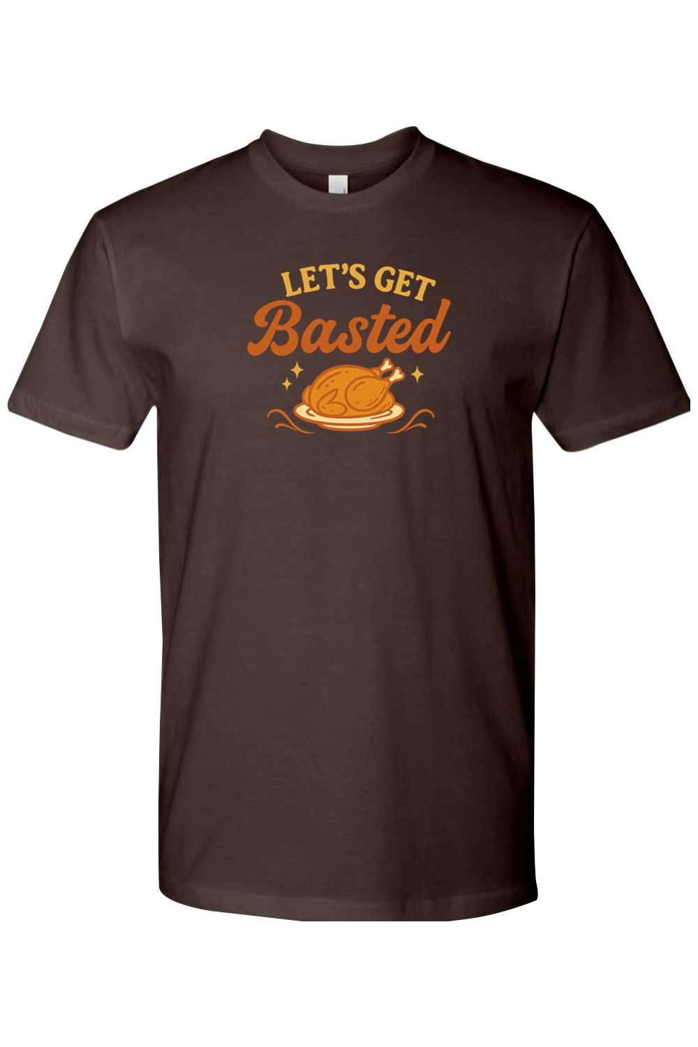Brown Thanksgiving t-shirt with "Let's Get Basted" text and a turkey stars design funny girly trendy fall holiday short sleeve shirt