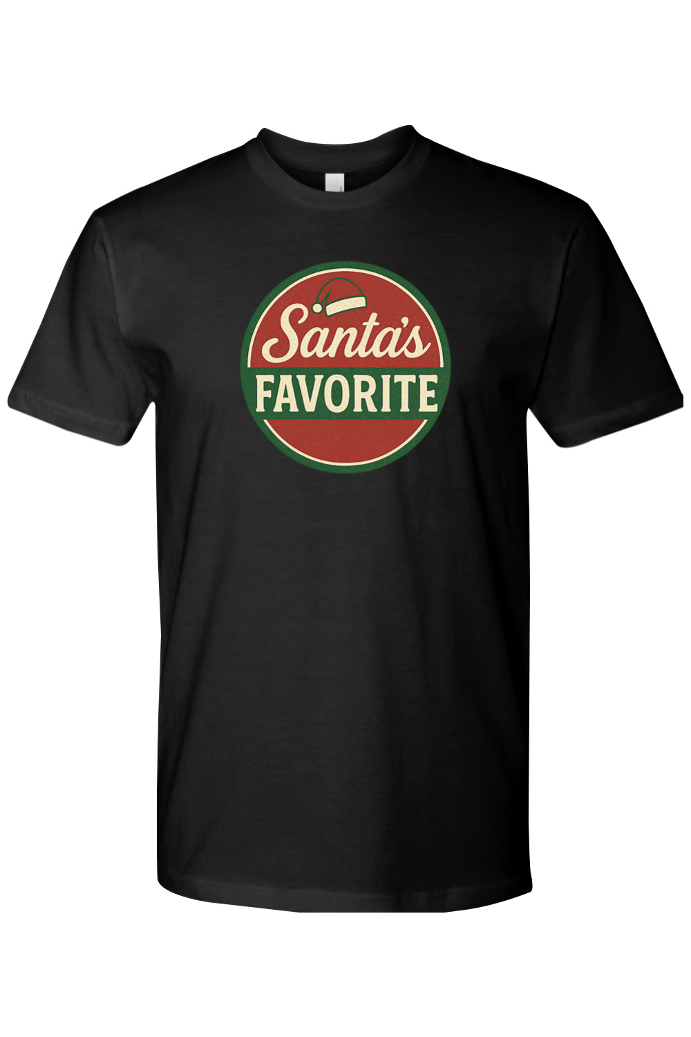 Black Christmas t-shirt with "Santa's Favorite" text with a Santa hat in a badge layout design funny festive holiday short sleeve shirt