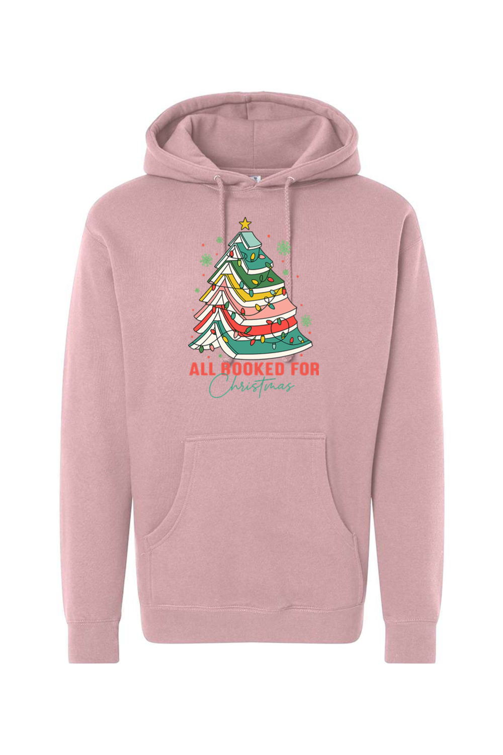 Pink Christmas hoodie with "All Booked For Christmas" text and a Christmas tree made out of books design cute trendy book lover librarian festive holiday long sleeve hooded sweatshirt